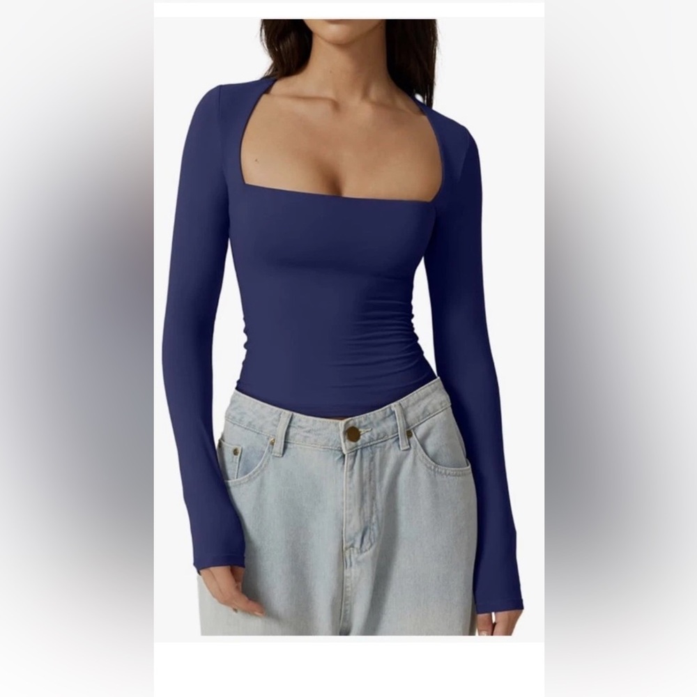 QINSEN Sexy Square Neck Long Sleeve Bodysuit Top Blouse Size M